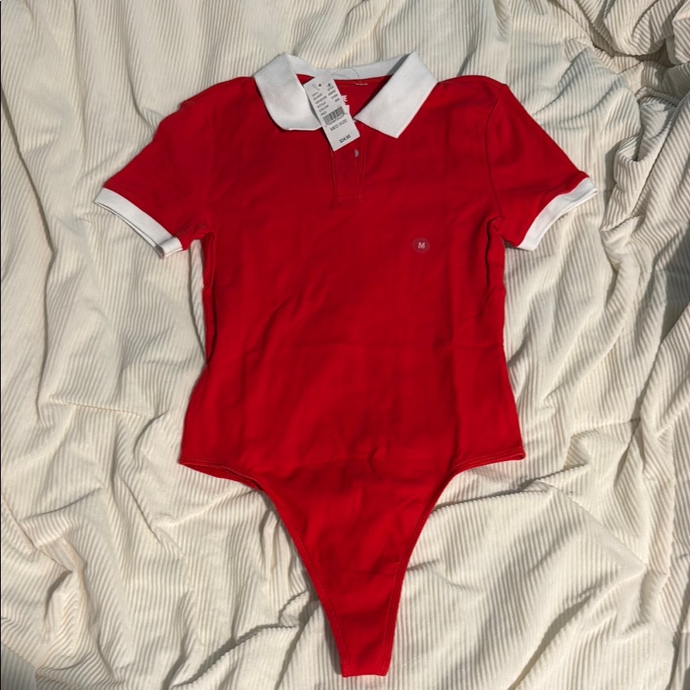 NWT women’s Me to We Red Polo Bodysuit with White Collar